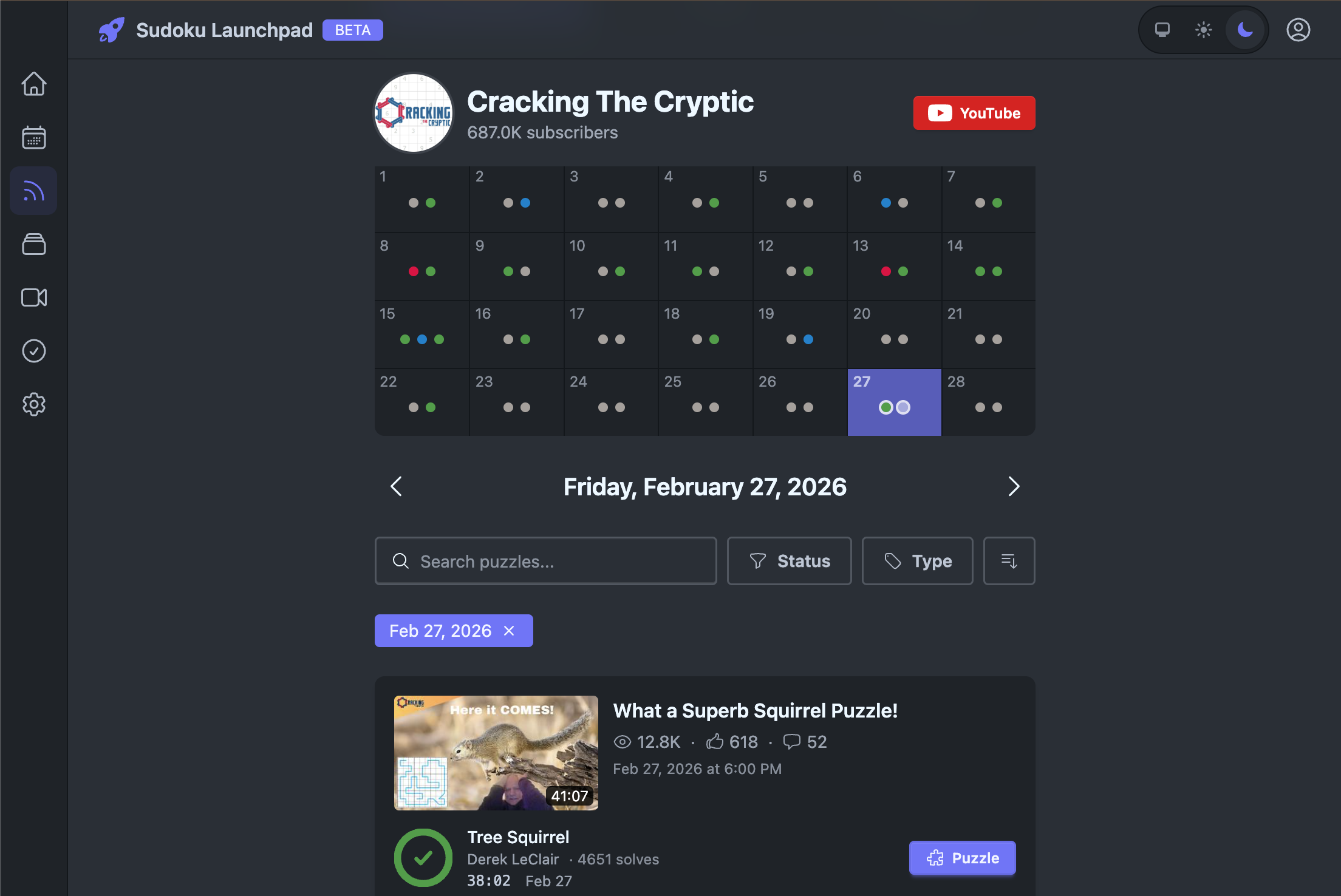 Calendar view with color-coded difficulty dots