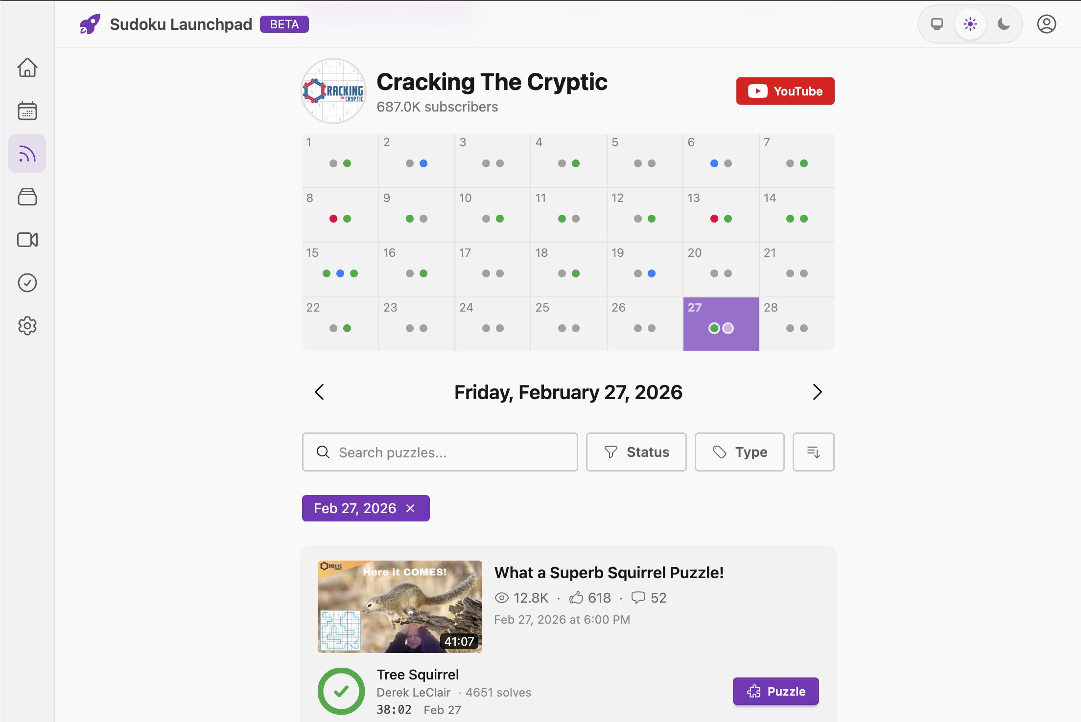 Calendar view with color-coded difficulty dots