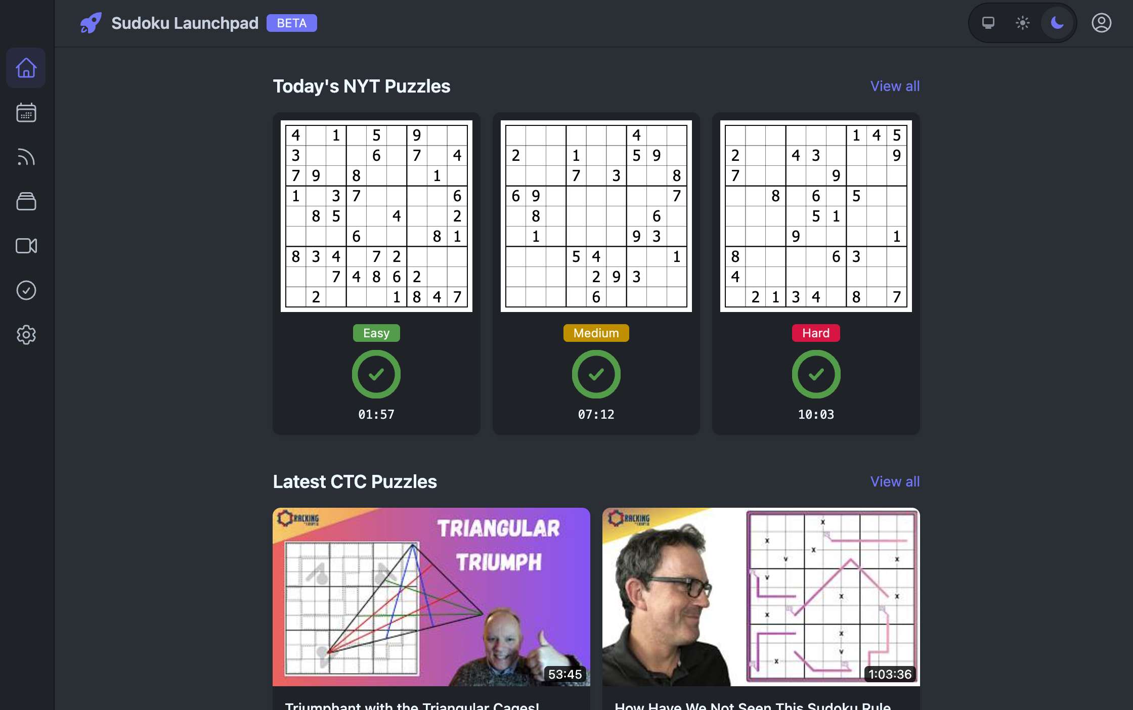 Sudoku Launchpad app showing daily puzzles and recent solves