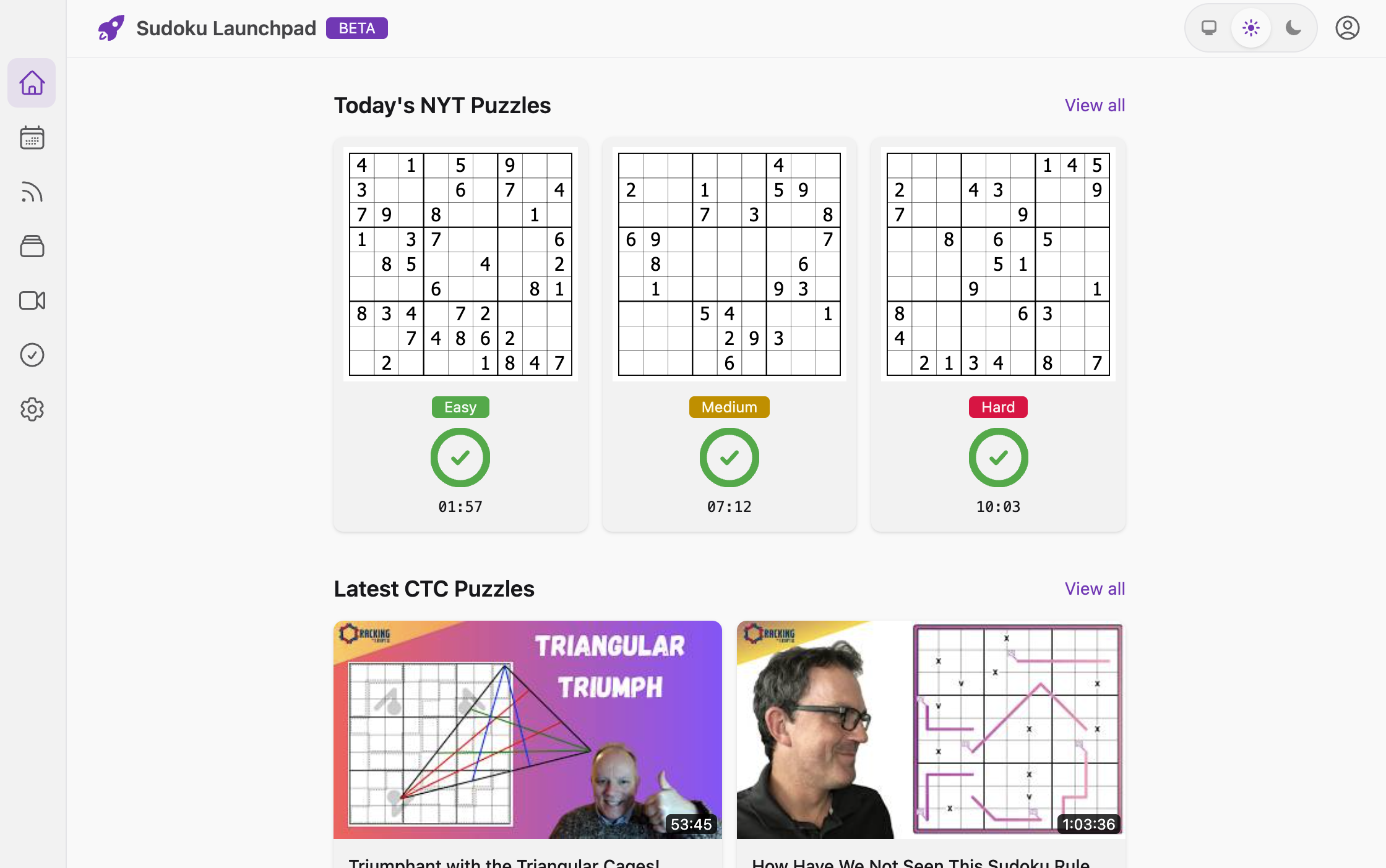 Sudoku Launchpad app showing daily puzzles and recent solves