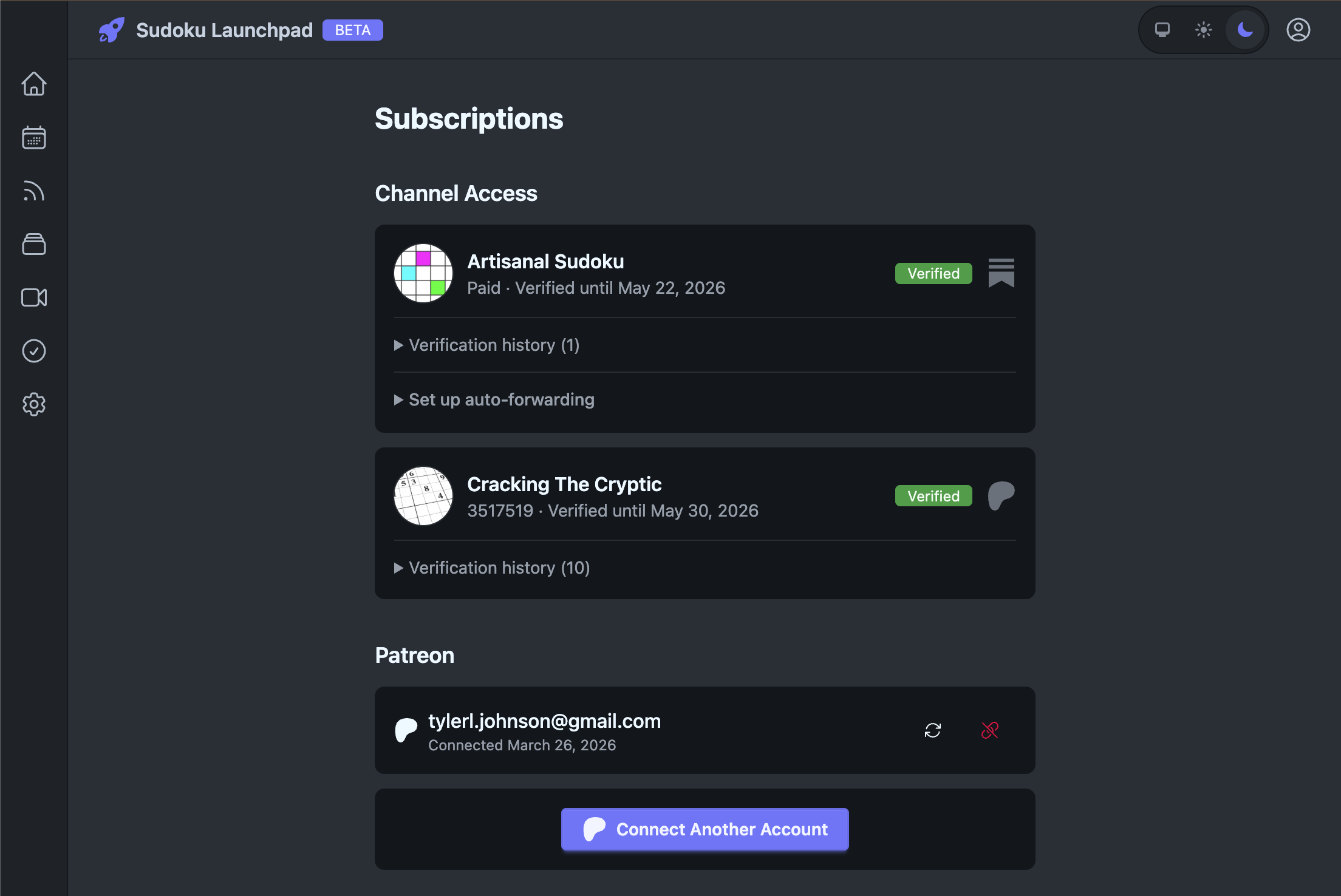 Subscription management page showing verified memberships